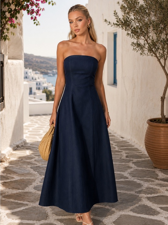 shopRIVI.com Dresses & Skirts - Linen Blend Strapless Maxi Dress with Pockets navy blue
